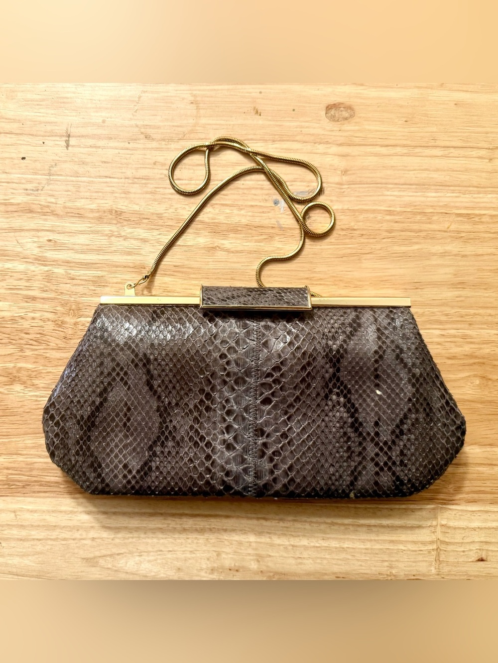 Vintage Python-Embossed Evening Clutch in Dark Brown with Gold Chain